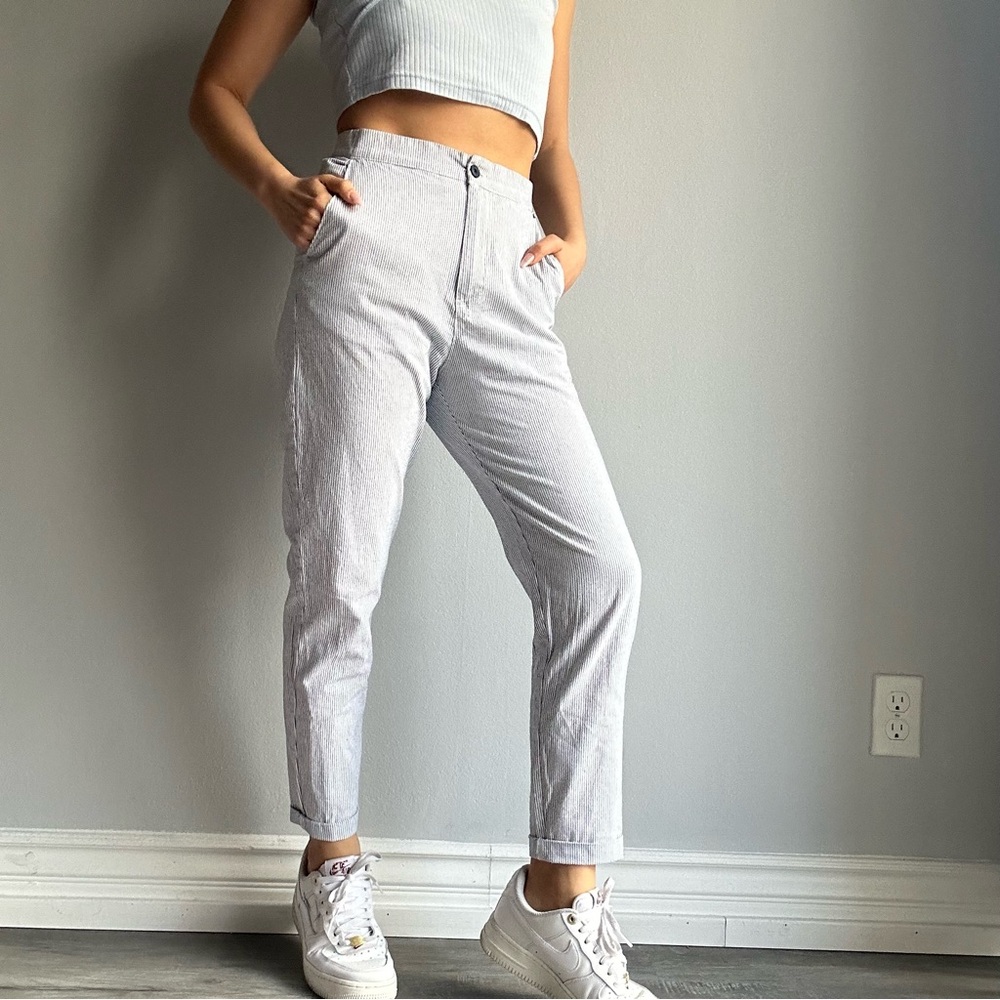 Pull&Bear Blue and White Stripes 100% Cotton High Rise Cigarette Pants Trousers